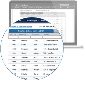 BellesLink batch search skip tracing results screen Screen capture of batch search skip tracing results