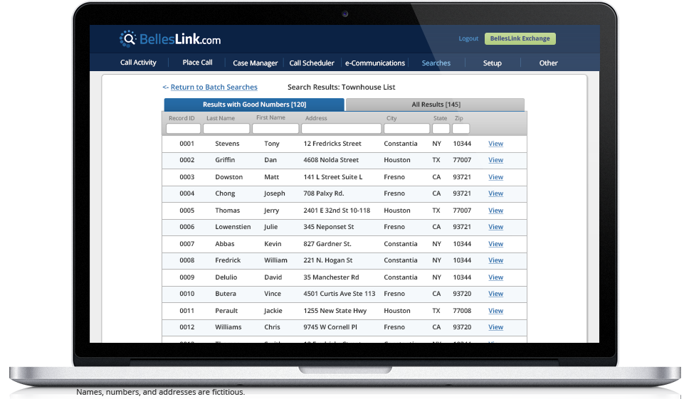 BellesLink bulk skip trace search for real estate investors BellesLink batch search for real estate investors on a laptop screen