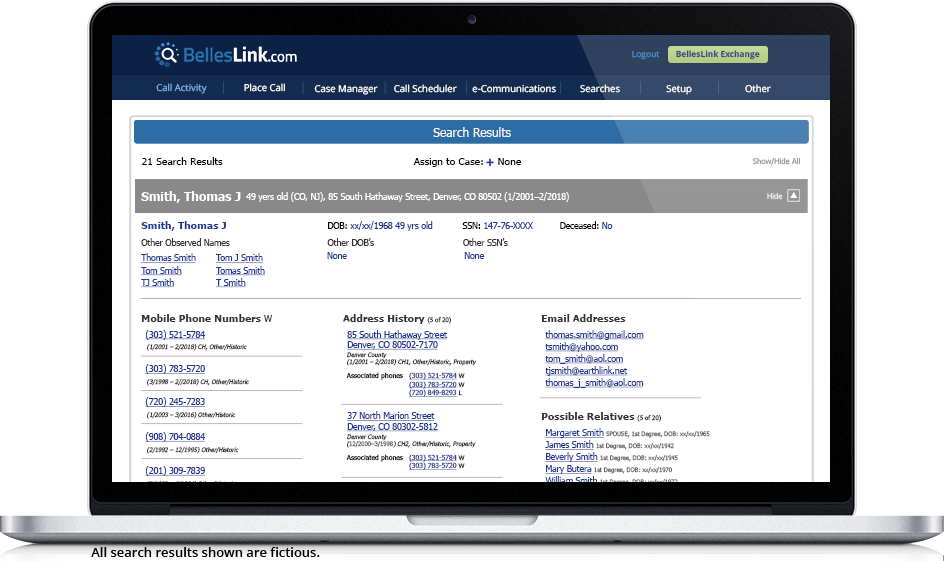 A reverse phone number people search shown on a laptop in the BellesLink app.
