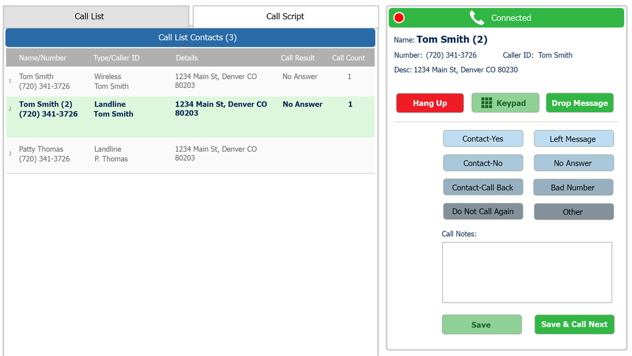 Sales dialer Save and Call Next Buttons