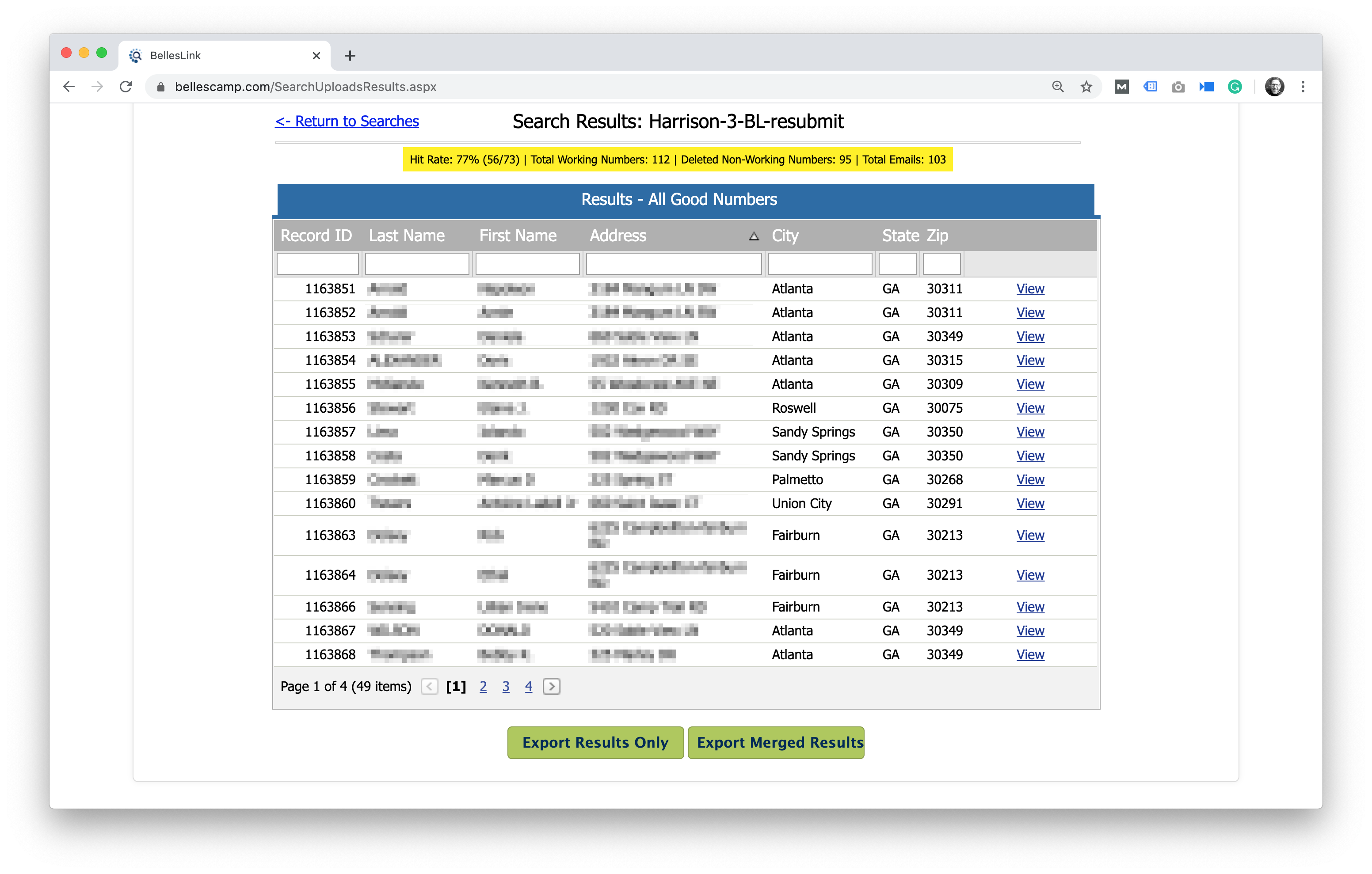 Batch skip tracing search stats are shown at the top of the search results.