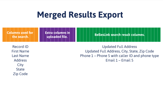 A diagram showing the spreadsheet format of batch skip tracing results for a merged results export. 
