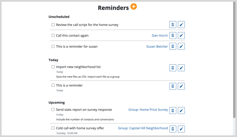 The reminders page shows you all your skip tracing ToDo's