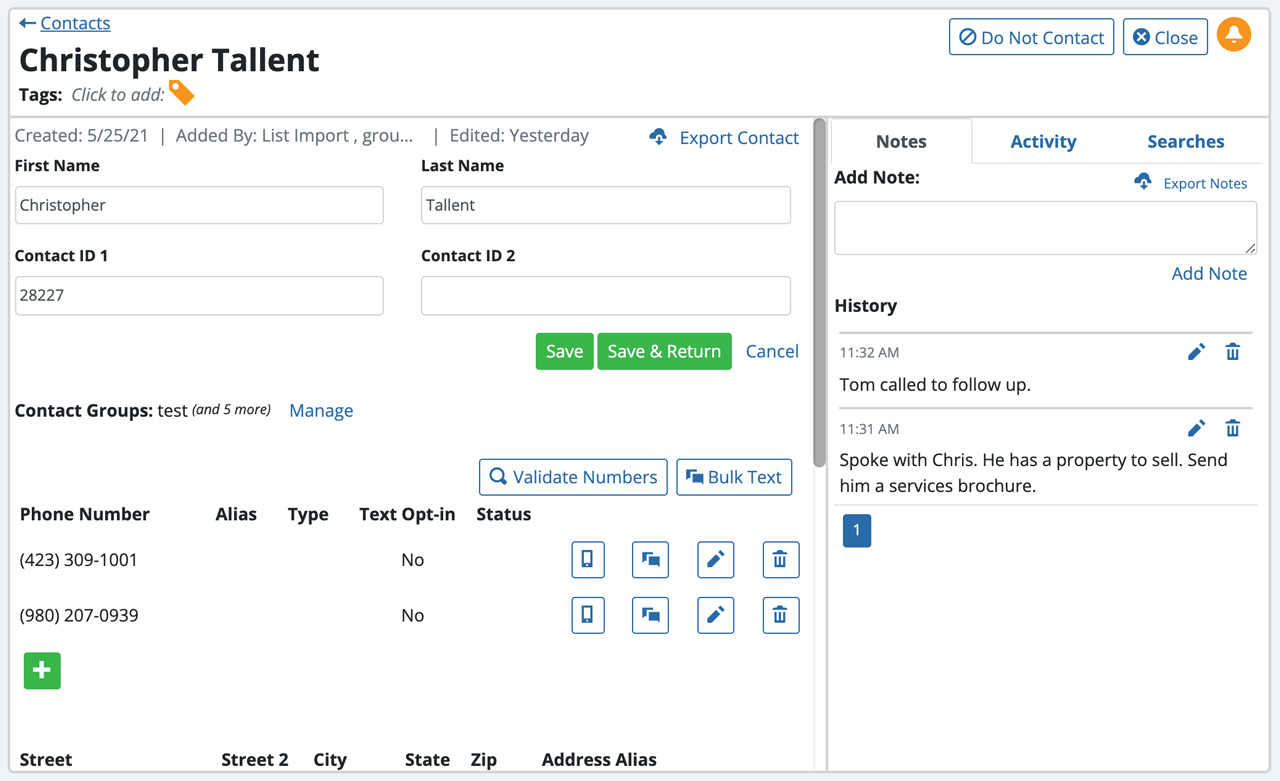 A contact record screen in the BellesLink skip tracing platform.