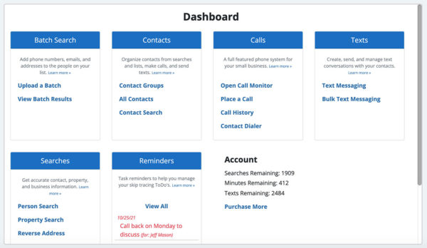 The dashboard gives you an organized place to start your skip tracing work with easy access to all BellesLink tools.